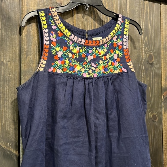 J. Crew Linen Blend Mini Dress 10 Embroidered Floral Boho Chic Navy Blue Cotton - Picture 3 of 10
